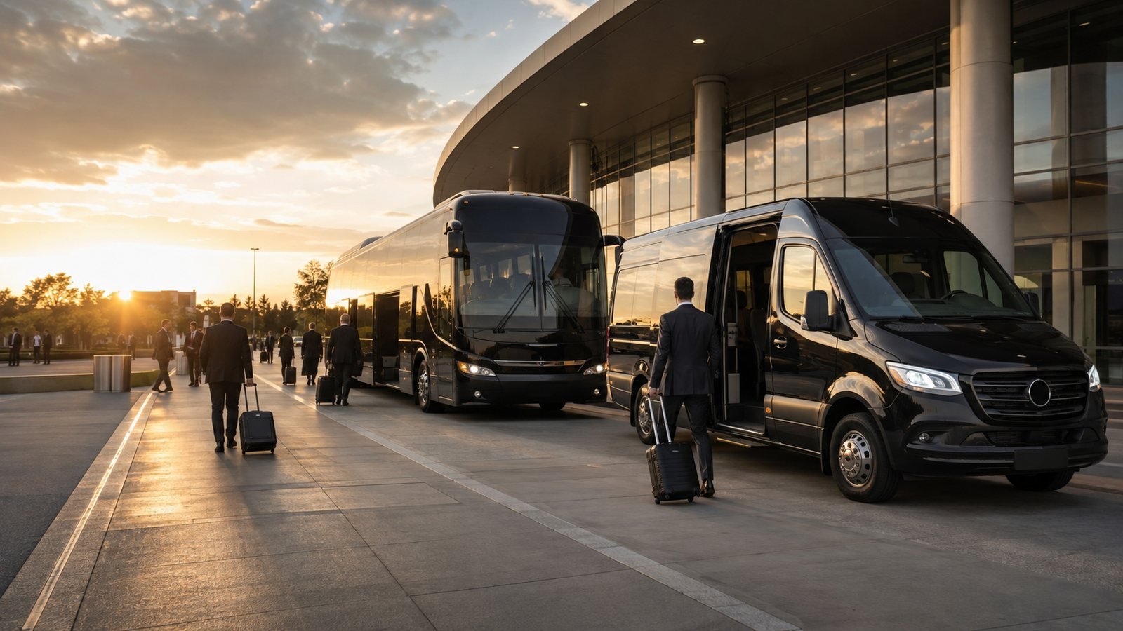 Executive vans and motorcoaches at a convention center